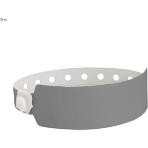 A grey vinyl wristband with white holes and a locking mechanism, designed for events and exhibitions.