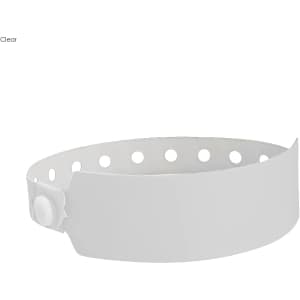 A white vinyl wristband with holes and a fastening button, designed for events and exhibitions.
