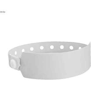 A white vinyl wristband with a snap closure and multiple holes for adjustability. Features a logo.