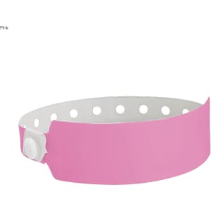 A pink vinyl wristband with a white interior and multiple holes for adjustments. Features a fastening button.