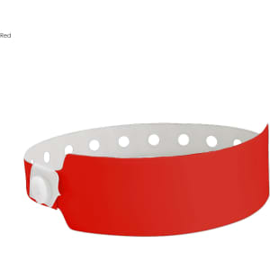 A red vinyl wristband with white perforations and a snap closure, featuring a logo.