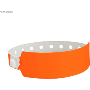 A neon orange vinyl wristband with a white inner section and perforated holes for adjustability. Features a logo.