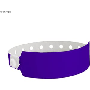 A neon purple vinyl wristband with a white snap fastening and multiple holes for adjustment.