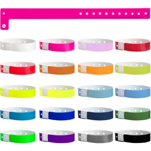 A collection of 16mm vinyl wristbands in various colours, with one pink band displayed at the top. Each band features a fastening.