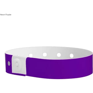 A neon purple vinyl wristband with a white interior and holes for adjustment. It features a fastening button and branding.