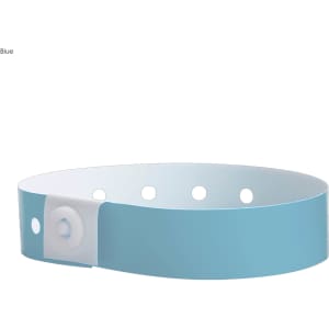 A blue vinyl wristband with a button snap closure and circular holes for adjustment. Features a logo on the band.
