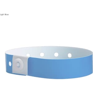 A light blue vinyl wristband with a snap closure and evenly spaced holes for adjustment. Features a logo.