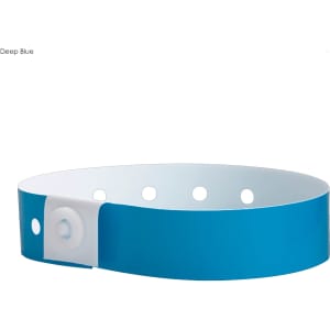 A deep blue vinyl wristband with a white inner lining and multiple holes for adjustable fitting. Features a logo.