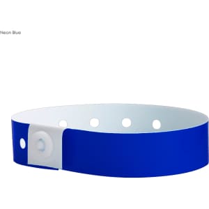 A neon blue vinyl wristband with adjustable holes and a white snap closure. It features a branding logo.