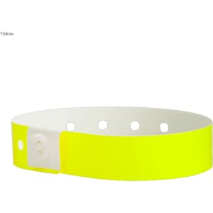 A yellow vinyl wristband with a white fastener and multiple holes for sizing adjustments.