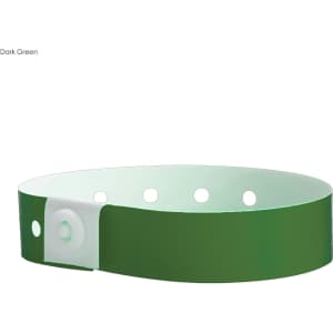 A dark green vinyl wristband with a secure fastening and multiple holes for adjustment. It has a logo present.
