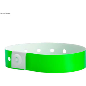 A neon green vinyl wristband featuring a locking mechanism and several ventilation holes. It has a branded logo.