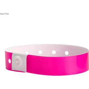 A neon pink vinyl wristband with holes and a snap fastener, featuring a logo or branding.