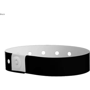 A black vinyl wristband with white fastening and multiple perforations. It features a logo.