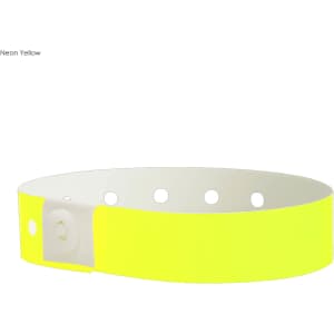 A neon yellow vinyl wristband with a white adjustable closure, featuring several holes for sizing.