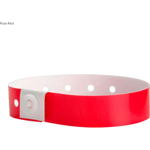 A red vinyl wristband with a white fastening and multiple sizing holes. It features a logo on one side.