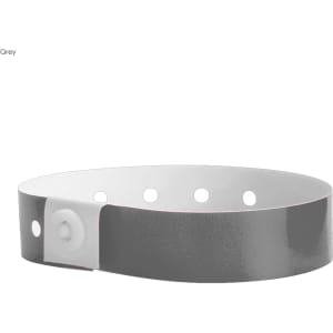 A grey vinyl wristband with a snap closure and multiple holes for adjustment. It features a logo.