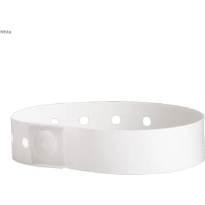 A white vinyl wristband with a secure fastening and multiple holes for size adjustment. It features a logo.