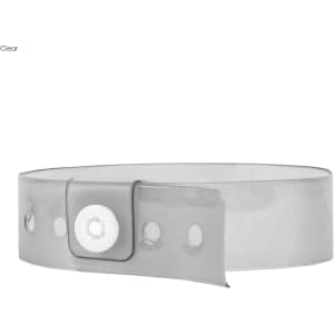 A clear vinyl wristband with a button snap closure and multiple adjustment holes.