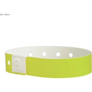 A vibrant zinc yellow vinyl wristband featuring multiple holes and a fastening button, showcasing its flexible design.