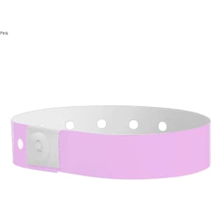 A pink vinyl wristband with holes and a plastic fastener, featuring a logo. Ideal for events and exhibitions.
