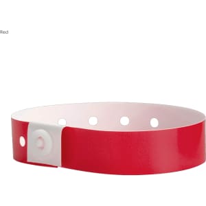 A red vinyl wristband with a white adjustable snap and holes for sizing, designed for events and exhibitions.