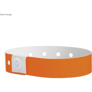 A dark orange vinyl wristband with a white connector and holes for adjustment. Features a branding logo.