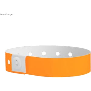 A neon orange vinyl wristband with white fastening and holes for adjustment. It features a logo.