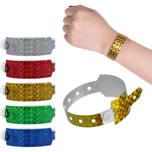 Holographic wristbands in various colours: red, green, blue, gold, and silver, displayed on a wrist. Features a logo.