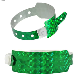 A holographic wristband in green with a textured, reflective surface and a white clasp. It features multiple fastening holes.