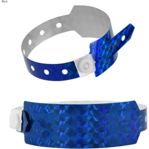 A blue holographic wristband with a unique textured design and snap fastening. Features multiple holes for size adjustment.