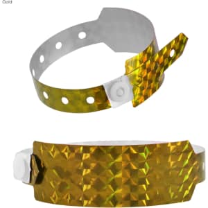 A holographic wristband in gold with a textured, patterned design and a white fastening. It features a logo.