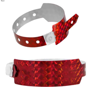 A red holographic wristband featuring a diamond pattern, secured with a white plastic fastener.