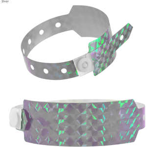 Holographic silver wristband with a reflective surface and adjustable snap closure, featuring a logo.