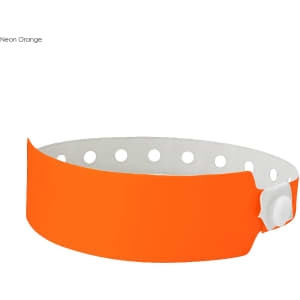 A neon orange plastic wristband featuring holes and a snap-fastener, suitable for events and exhibitions.