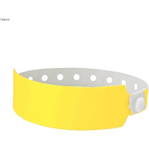 A yellow plastic wristband with a white interior and hole pattern, featuring a fastening mechanism.