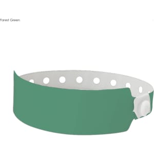 A forest green plastic wristband with white perforations and a secure fastening. The band features a logo.