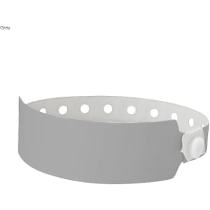 A grey plastic wristband featuring holes and a secure fastening. Includes a logo.