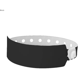 A black plastic wristband with a white interior and circular cut-outs, featuring a secure fastening mechanism.