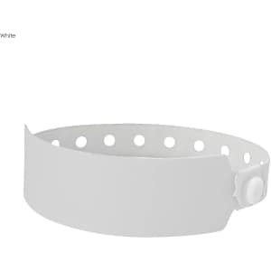 A white plastic wristband with perforations and a snap closure, designed for events and exhibitions.