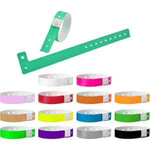 A collection of event wristbands in various colours including green, pink, white, red, and orange, featuring a logo.