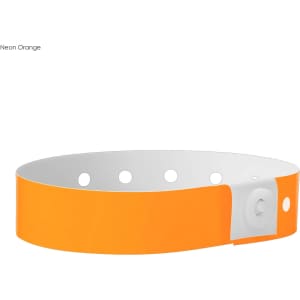 A neon orange plastic wristband with a white fastening, featuring several holes for adjustment.