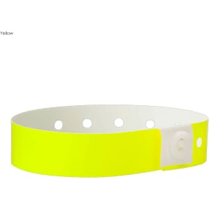 A bright yellow plastic wristband with a white adjustable snap closure and holes for sizing.