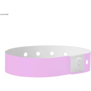 A lavender plastic wristband with a white interior and snap closure, featuring several holes for adjustment.