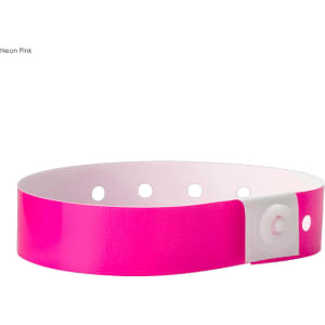 A neon pink plastic wristband with a secure fastening and multiple holes for size adjustment.