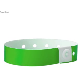 A forest green plastic wristband with fastening, featuring multiple holes for adjustment.