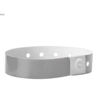 A grey plastic wristband with adjustable snap closure and multiple holes for fitting. It features a logo.