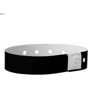 A black plastic wristband with white inner side and a snap button closure, featuring multiple holes for adjustment.
