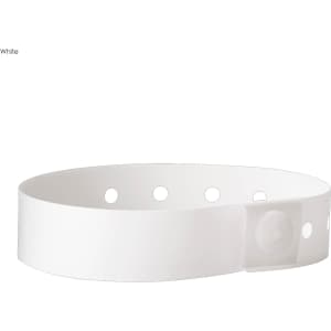 A white plastic wristband with holes for adjustment and a fastening clip. It features a logo.