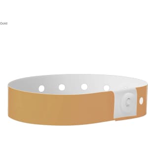 A gold wristband made of plastic, featuring a white adjustable snap closure and multiple holes for sizing.